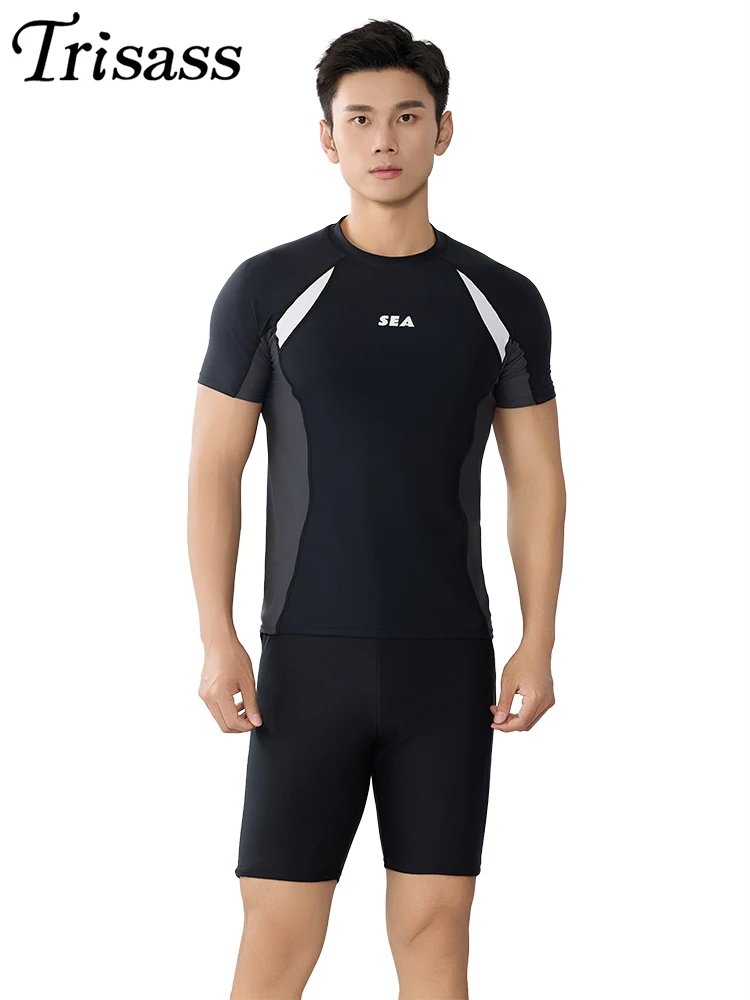 

Trisass New Professional Sports Men Two Piece Swimwear Short Sleeve Swimsuit Man Plus Size L-7XL Surfing suit UV Sun Protection