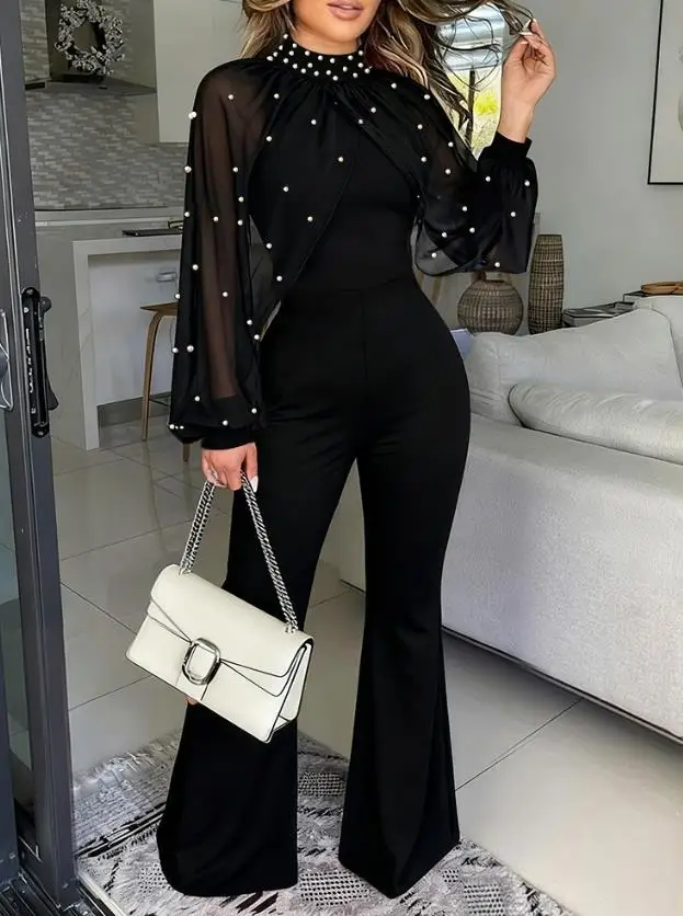 

Fashionable Women's Temperament Stand Collar Pearl Decoration Mesh Bat Sleeves Slim Fit High Waist Trumpet Jumpsuit