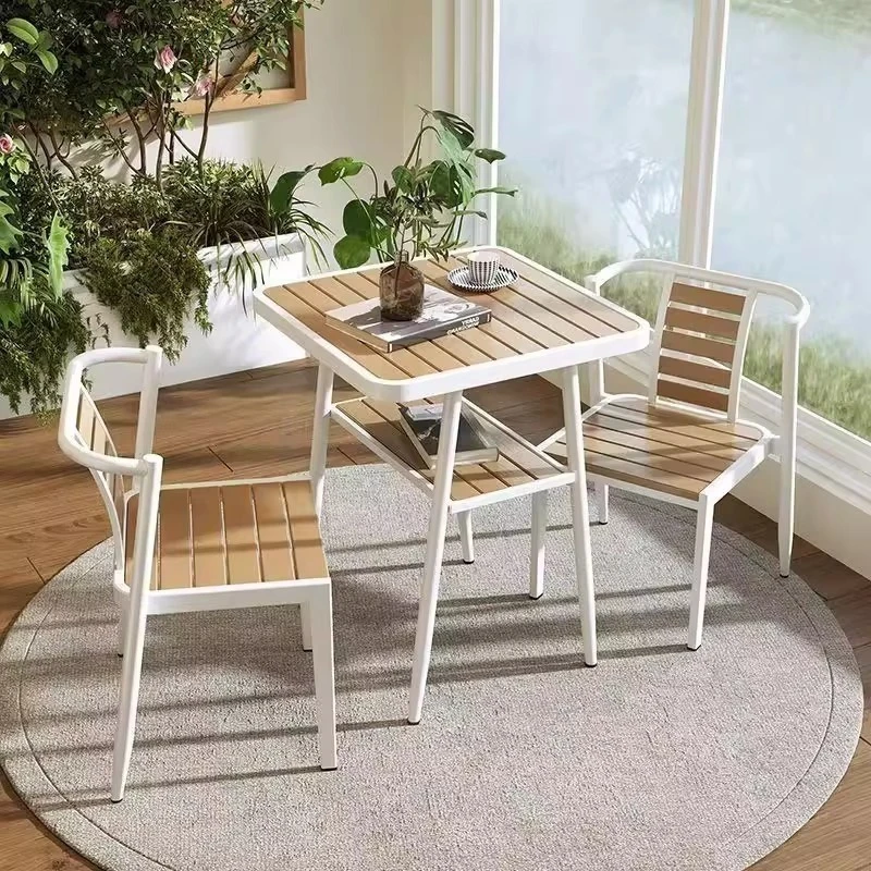 Waterproof outdoor small apartment sunscreen plastic wood open-air dining table combination table and chairs