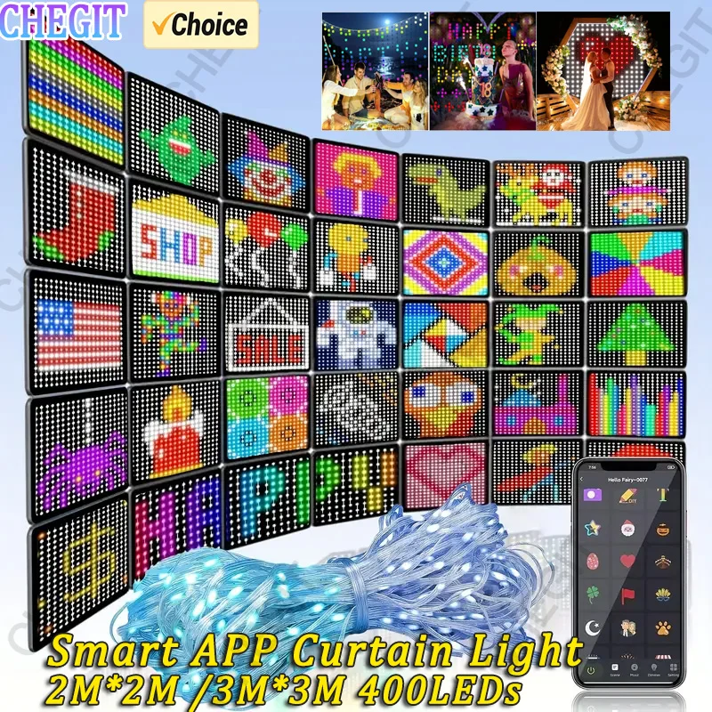 

2m*2m/3m Smart Curtain Lights Bluetooth App LED String RGB Fairy Lights DIY Music Change Display for Window Bedroom Decoration