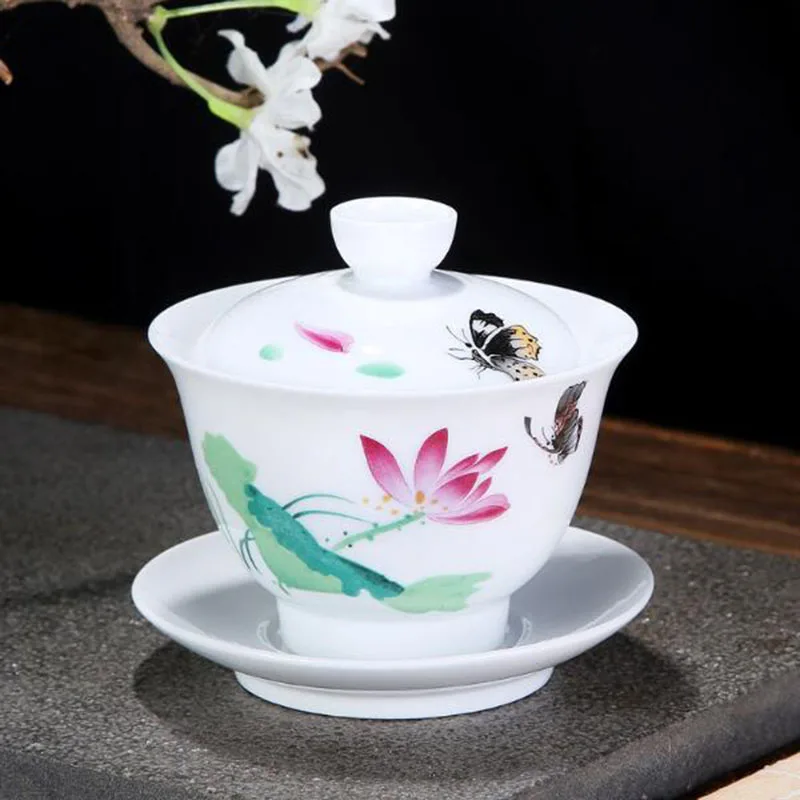 White Porcelain Lotus Pattern Sancai Gaiwan Kungfu Tea Cup Tea Infuser Bowl Household Teaware Drinking Accessories
