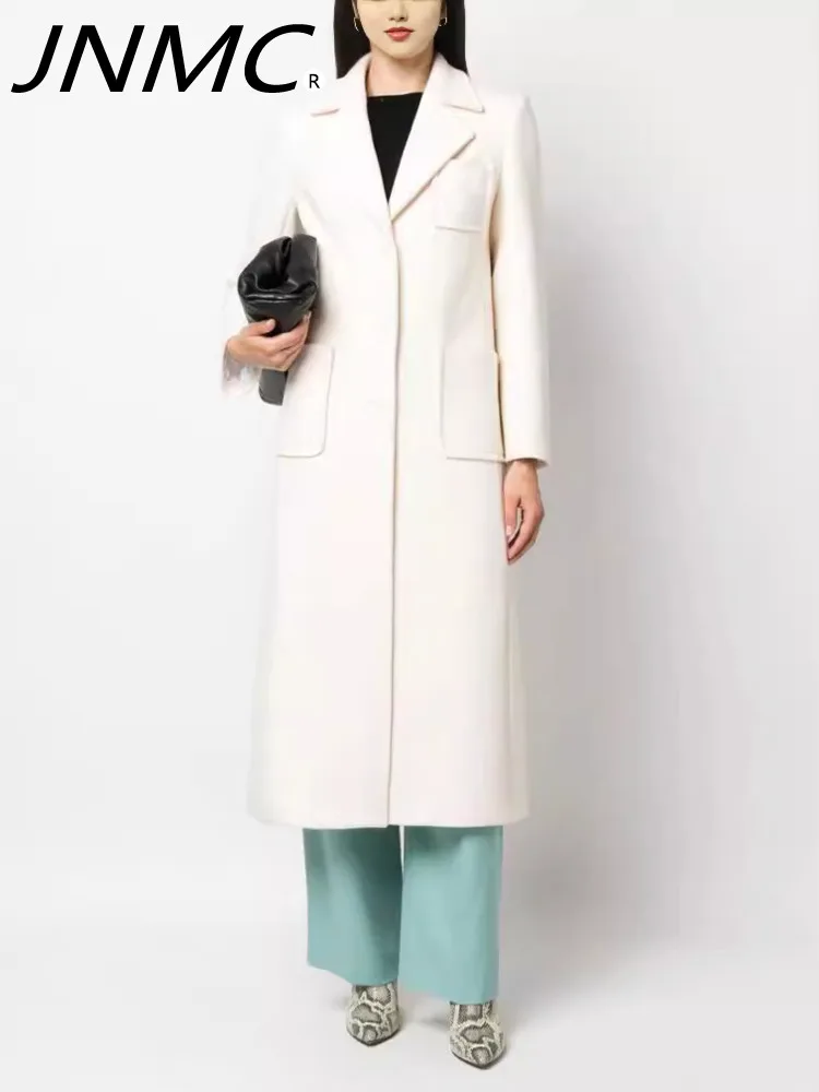 

JNMC Women 2024 Autumn Winter Designer New Lapel Single-breasted Pocket After Slit Female White Long Coat Simple Coat