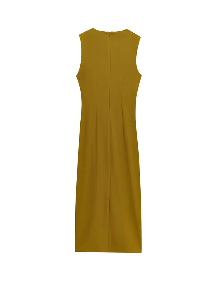 2025 Spring Summer Women Sexy Chic Solid Women Dress Cami Sleeveless Wrinkled Decoration Long Dress New Fashion Dress