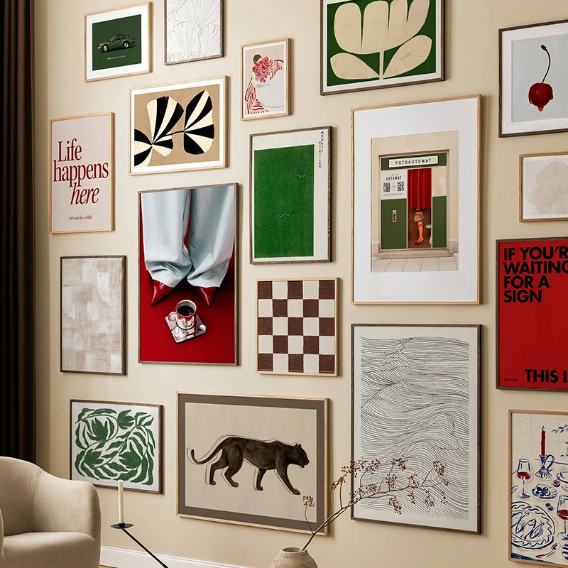 Póster Impreso en Lienzo con Diseño Abstracto de Flores de Cerezo Botánicas Verdes y Líneas Beige, Decoración de Pared para Galería de Arte o Habitación