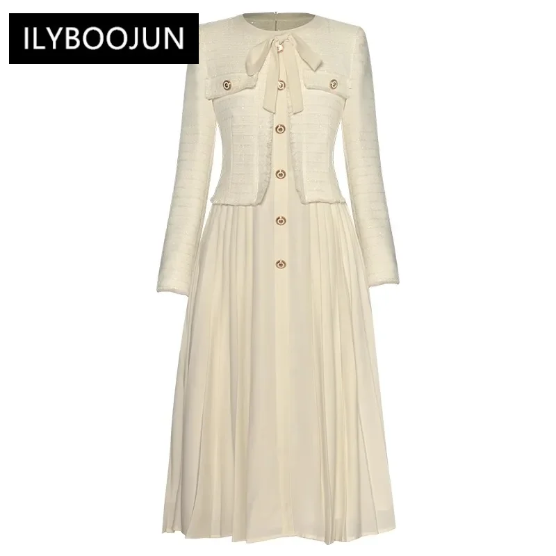 

Autumn Dress Women Bow Lace-up O-Neck Long Sleeve Tweed Patchwork High Street Pleated Dresses For Women 2023 Luxury Brand High