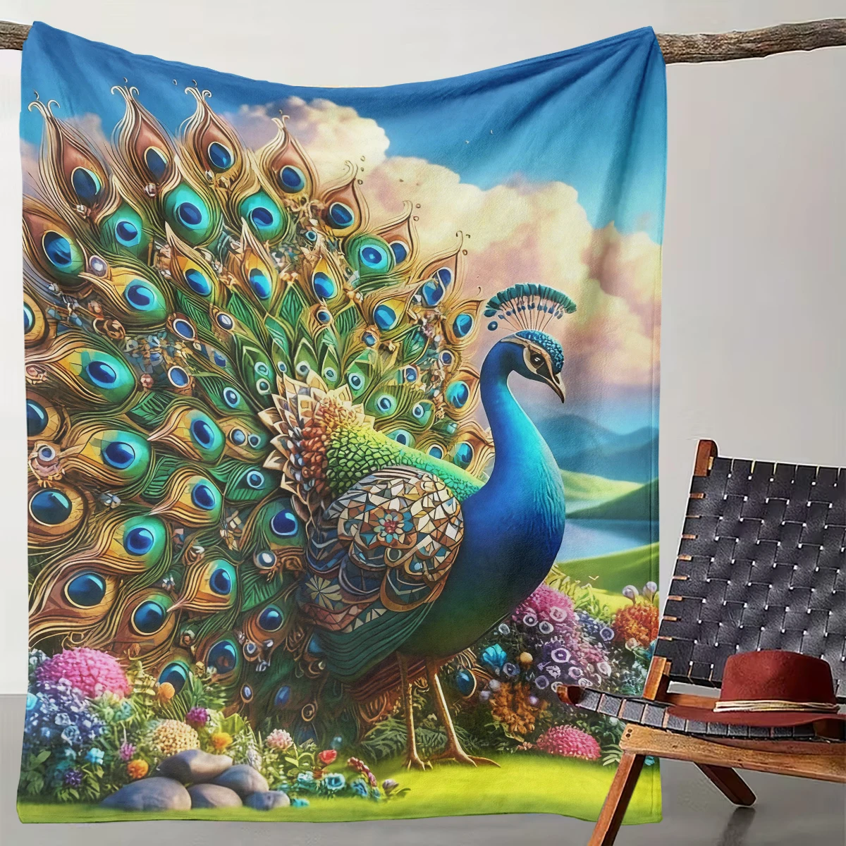 

1 piece of Huayu Peacock Mosaic Flower Sea Blanket suitable for camping, living rooms, offices, chairs, and beds