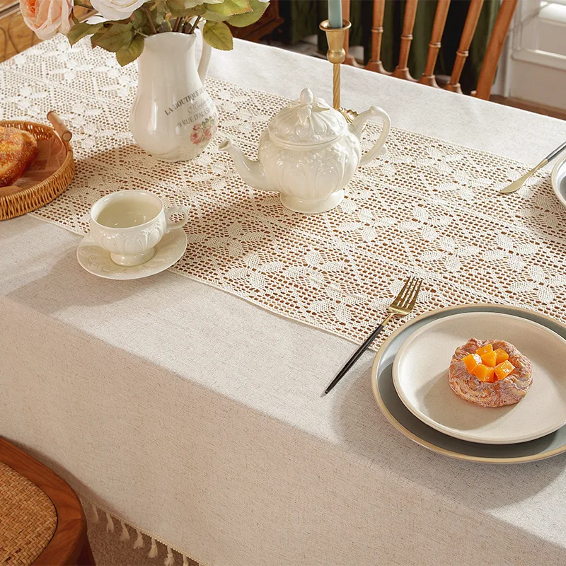 Solid Color Cotton Linen Tablecloth Light Luxury Lace Crochet Party Wedding Devor Tea Table Cloth Tassels Background Cloth Prop