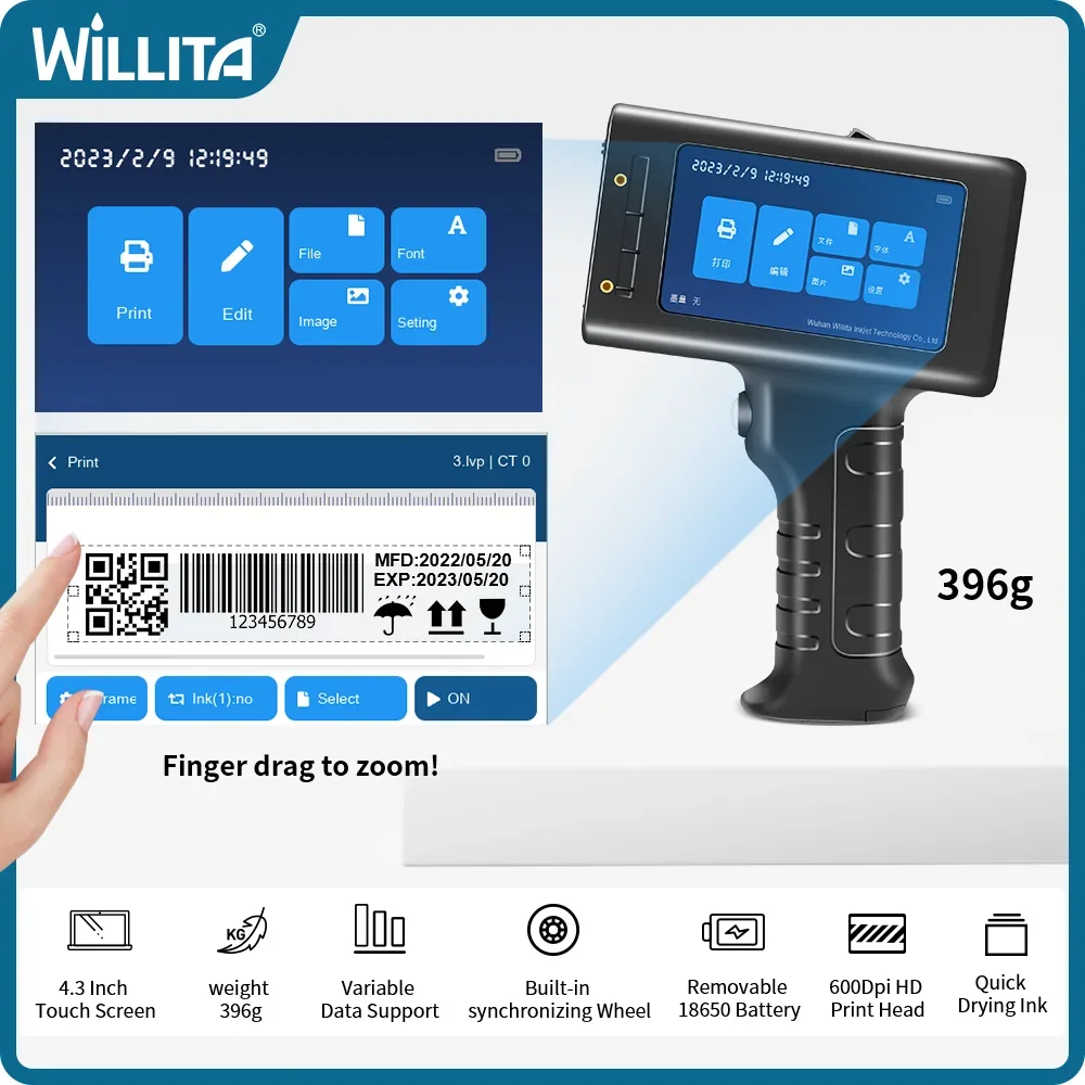 Willita L1 Handheld Inkjet Printer Portable for Barcode QR Code Serial Batch Number Expiry Date Logo Industrial Coding Machine
