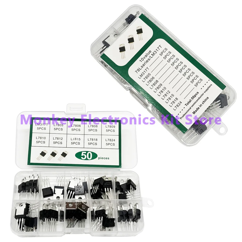 50 قطعة TO-220 عدة الجهد المنظم IC عدة LM317T L7805CV L7806CV L7808CV L7809CV L7810CV L7812CV L7815CV L7818CV L7824CV