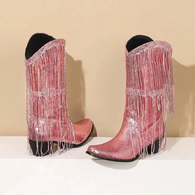

New Women's Boots Mid Thick Heel Mid Calf Boots Tassel Boots Nightclub Dance Fashion Women's sequin Boots