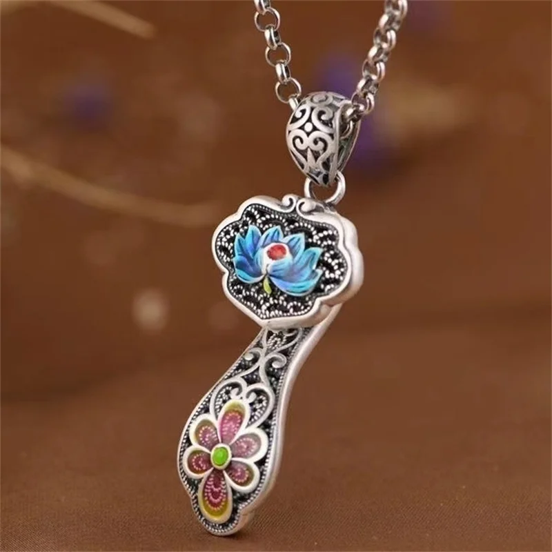 

Ретро полый цветок лотоса ожерелье женские ювелирные изделия Lucky Blessing Ruyi кулон женский свитер цепочка колье аксессуары