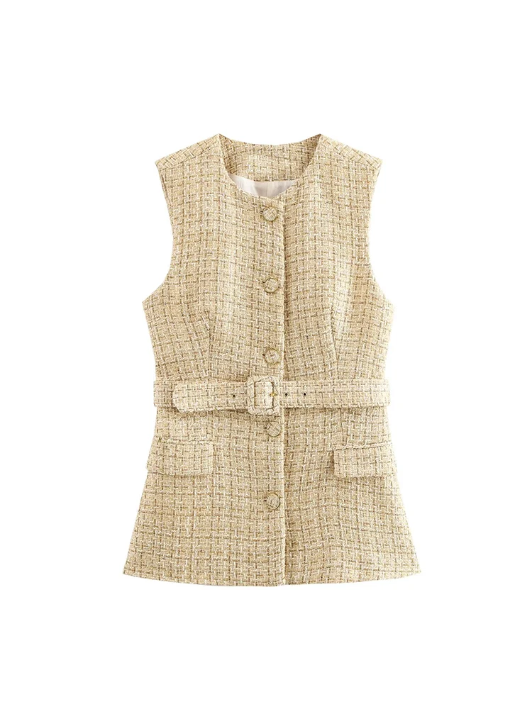 Gilet sans manches pour femmes, style européen et américain, coupe slim rétro avec texture de ceinture, nouvelle collection automne 2024