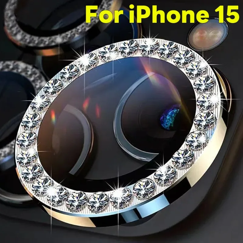 For iPhone 15 Pro Max Glitter Diamond Metal Camera Lens Protector Ring with Tempered Glass for iPhone 15 Pro/15 Plus Lens Cap