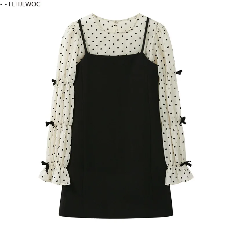 ชุดเดรสลายจุดสองชิ้นสำหรับผู้หญิง ดีไซน์เกาหลี-ญี่ปุ่น น่ารัก ทันสมัย เหมาะสำหรับวันคริสต์มาส ปีใหม่ ออกงาน หรือใส่ลำลอง