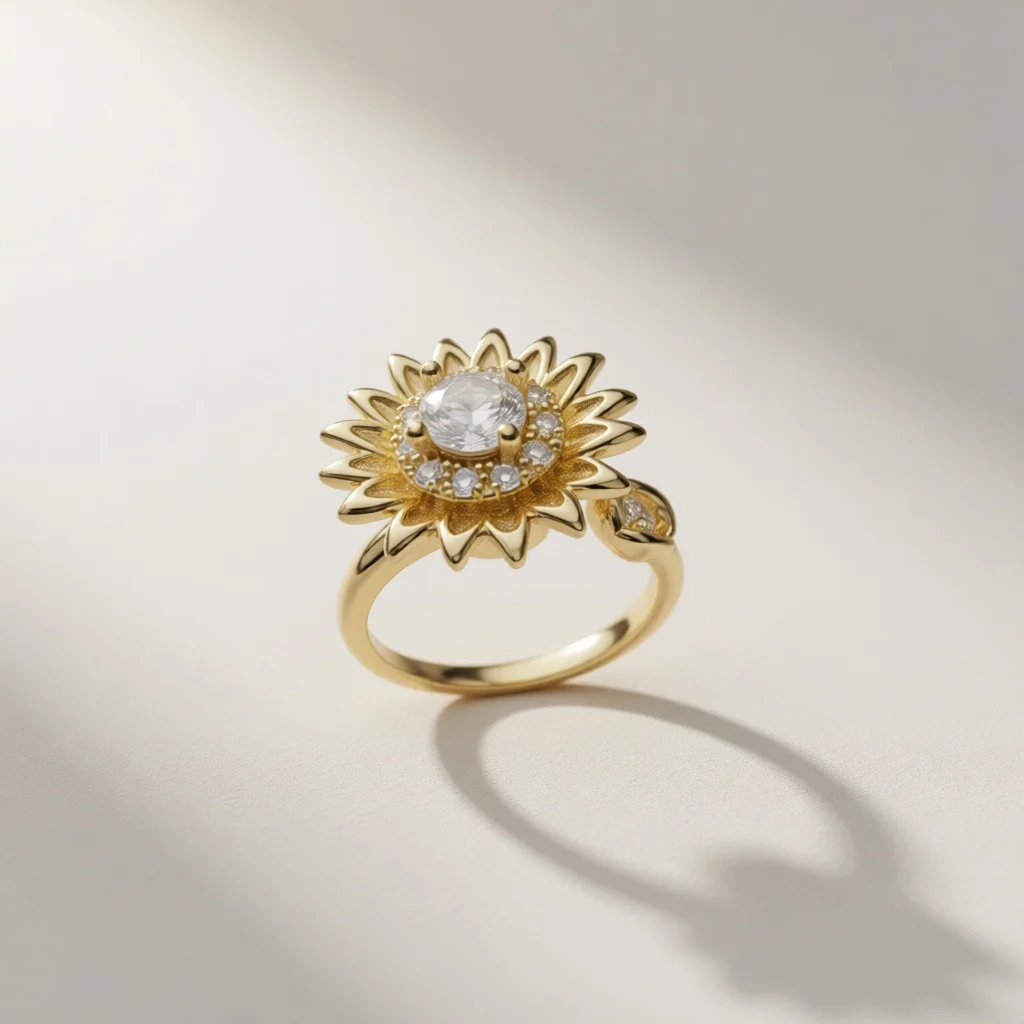 Sunflower zircon women's rotating open ring, pressure reducing rotating ring, stylish atmosphere wholesale gift