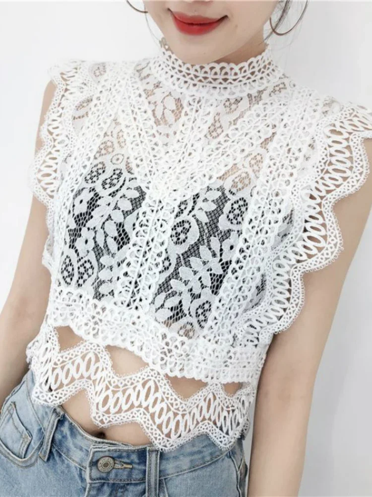 2024 Summer Ladies Elegant Hollow Out Lace Crop Tops Women Blouses Sleeveless Sexy Short Crop Tank Tops