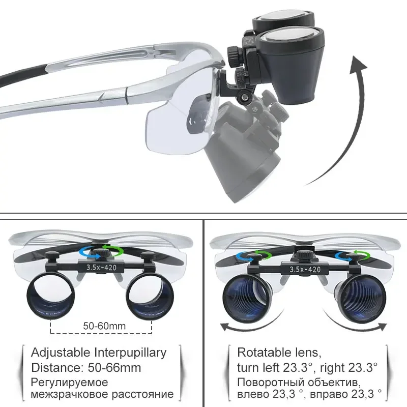 Binocular Dental Loupes 2.5X 3.5X Magnifier with 5W Headlight Yellow Filter Metal Box 320-420mm Working Distance Rechargeable