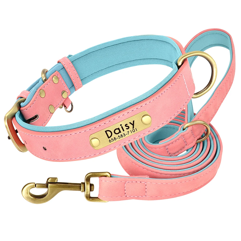Personalisiertes Hundehalsband, Leine, PU-Leder, Hundehalsbänder, Haustierseil, gravierte Haustier-ID-Namenskette für kleine große Hunde, weich gepolstert – Detail 34