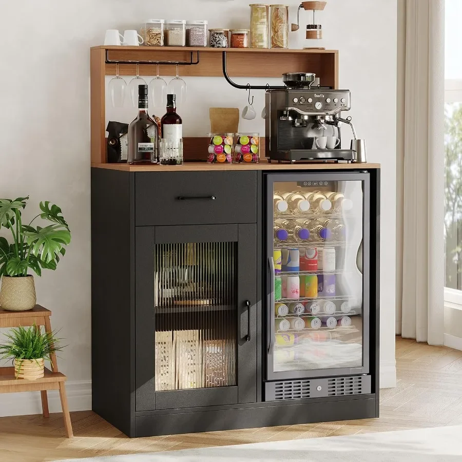 Wine Wine bar cabinet with fridge space and top display hutch for home entertainment, black metal and wood, sleek modern design with - Aliexpress Deal