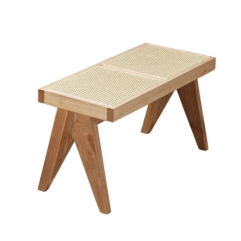 

Retro rattan bench bedroom bedside solid wood shoe changing stool living room ins Japanese-style bed and breakfast
