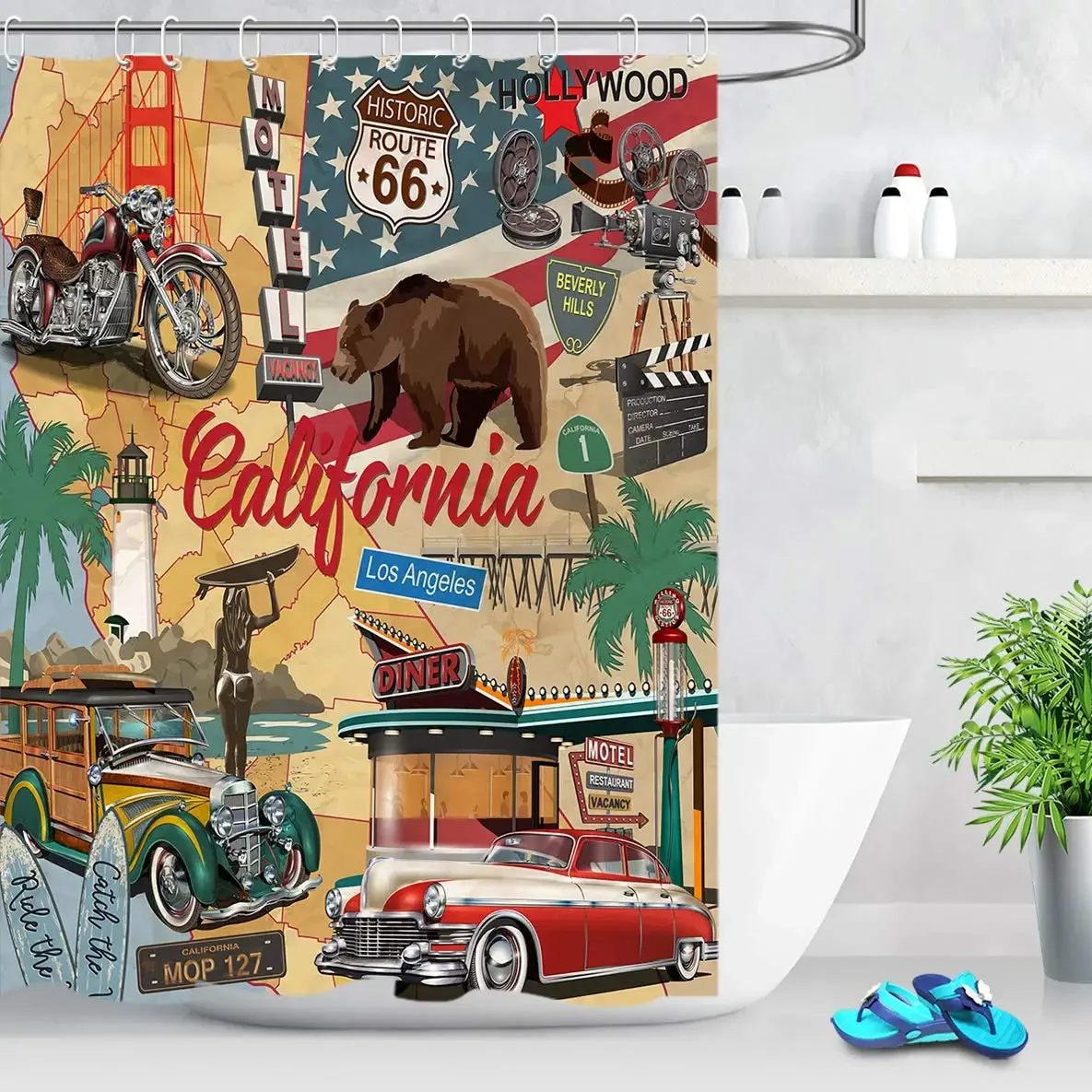 Vintage American Shower Curtain Route 66 Decor with California Historic Bear Shower Curtain