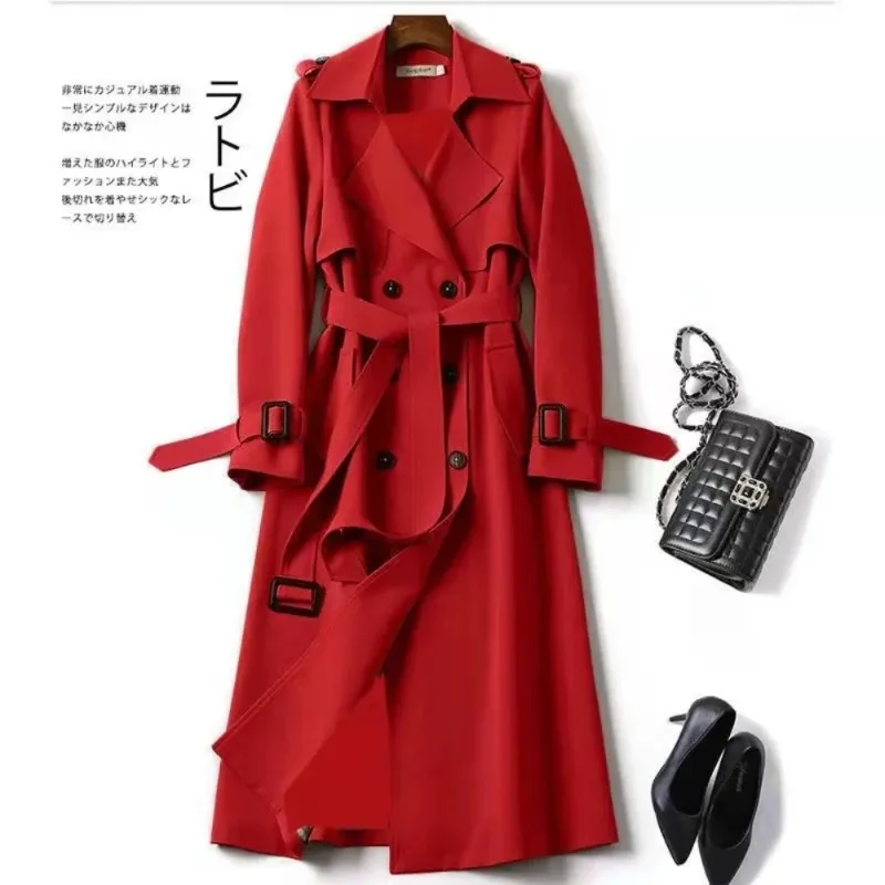 

Women Mid Length Trench Coat Korean British Style Windbreaker Over The Knee Spring Autumn Casual Outerwear Jacket