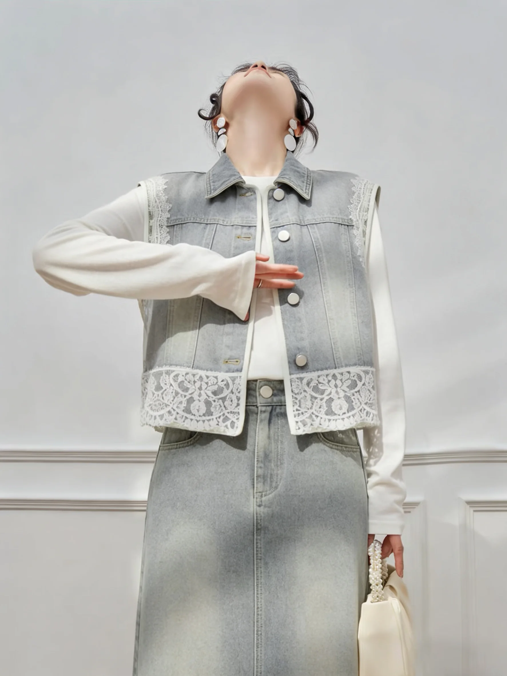 

Korean Style Lace Trim Denim Patchwork Vest Skirt Set Women's 2026 Trendy Clothing One Whole Set High Waist Button Closure