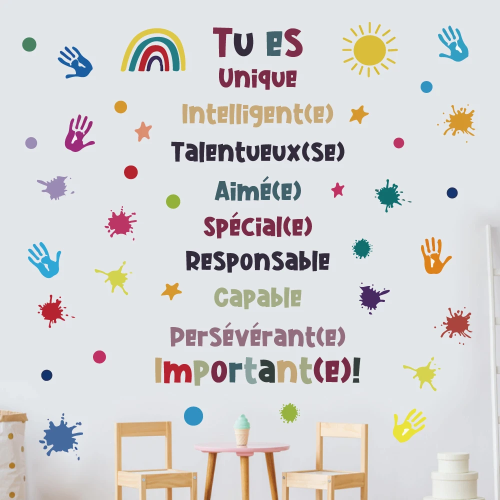 French inspirational quote wall sticker for kids room removable cartoon palm print wall art decal school classroom