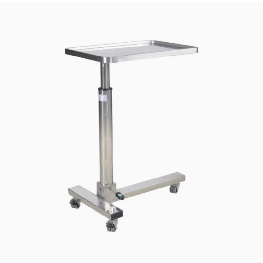 Surgical instrument tray, pneumatic rod for surgery, foot controlled stainless steel frame, suspended floor standing surgical ta