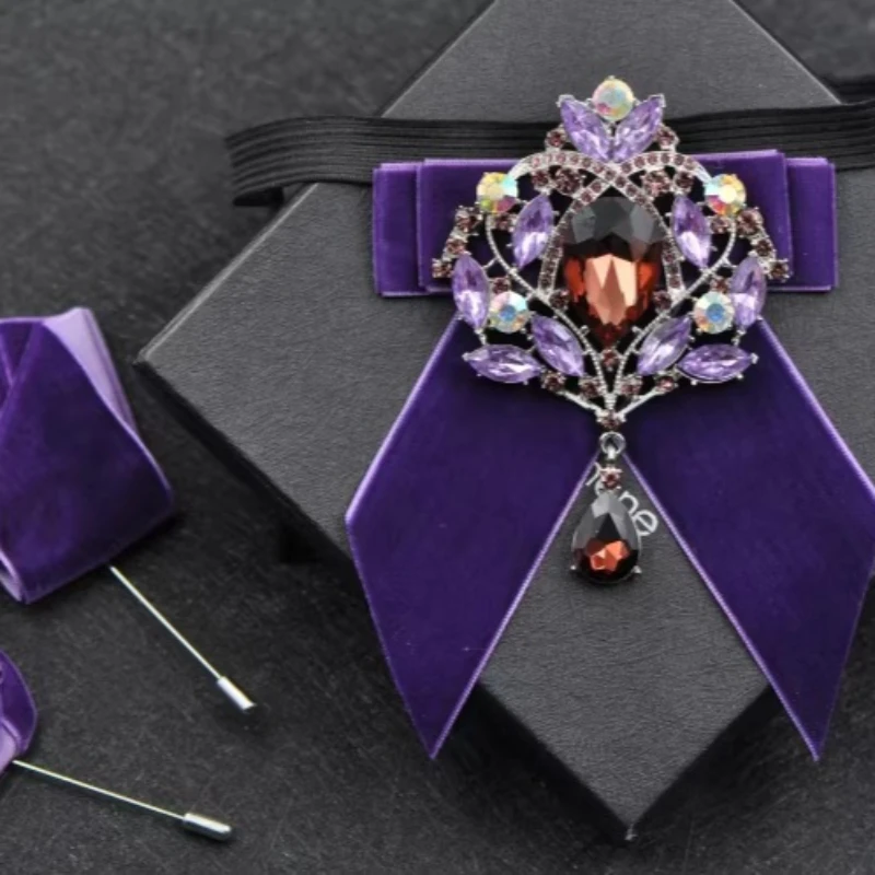 

Men's Wedding Bow Tie Pins Set Business Banquet Suits Accessories Handmade Jewelry Gifts Luxury Rhinestone Velvet Collar Flowers