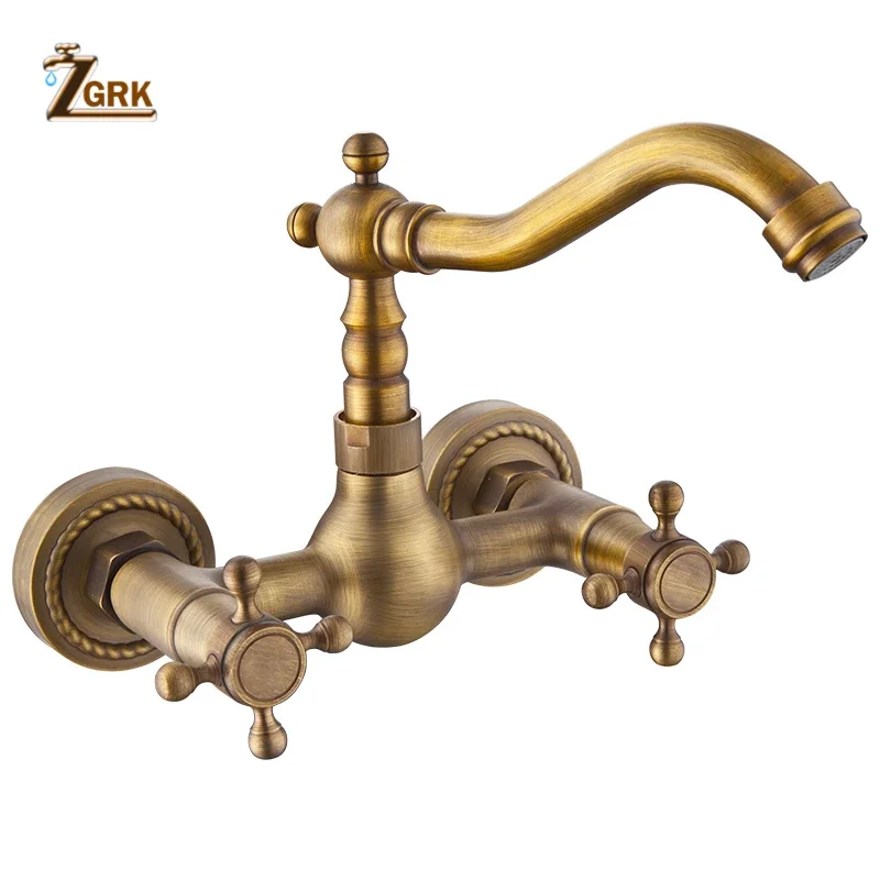 ZGRK Wall Mounted Basin Sink Mixer Faucet  Dual Handles 360 Swivel Antique Brass Bathroom Water Tap Basin Sink Mixer Tap