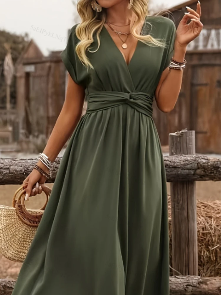 Modna damska sukienka midi w kolorze oliwkowym z głębokim dekoltem w serek, z efektem modelowania talii, sukienka w kształcie litery A z krótkim rękawem, elegancka, codzienna na wakacje.