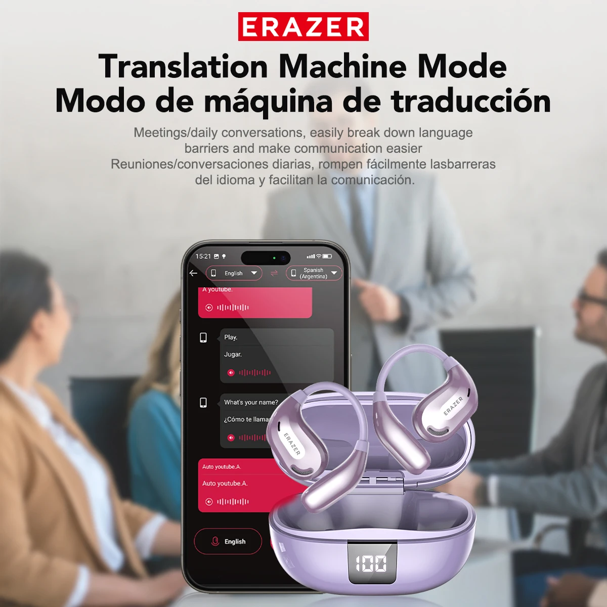 Erazer XT66 مترجم ذكي سماعة سماعات لاسلكية سماعات أذن بلوتوث في الوقت الحقيقي ترجمة التعادل APP ميكروفون مدمج