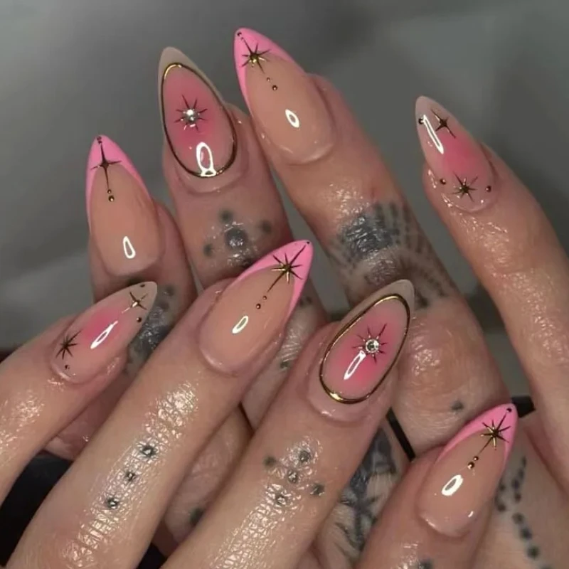 

24PCS Press on Nails Almond Shape 3D Silver French Tip with Metallic Stars Full Cover Fake Nails Simple Glue on Nails Gel Effect