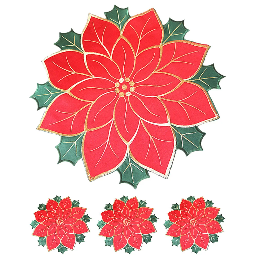 

4pcs Christmas Placemats Holiday Embroidered Poinsettia Table Mats Heat Resistant Insulation Dinning Mat Decorative Dinner Table
