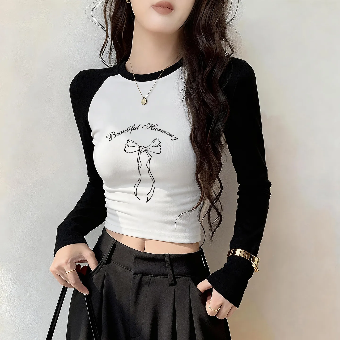 Spring and Autumn Personalized Print Long-sleeved Short Trendy Black Women Riding Motorcycle Personalized Sports T-shirt