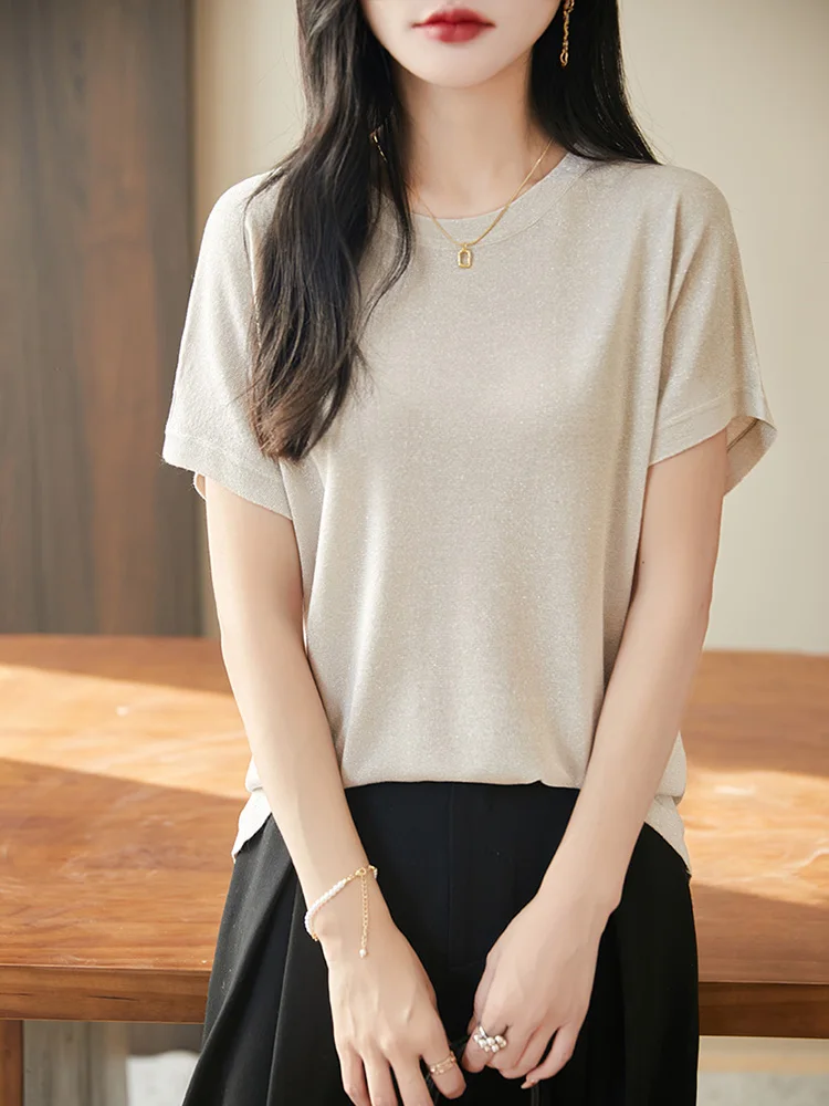 Injet camiseta de malha de seda gelo feminina verão novo redondo ne leve respirável faionable ort sve corte reto