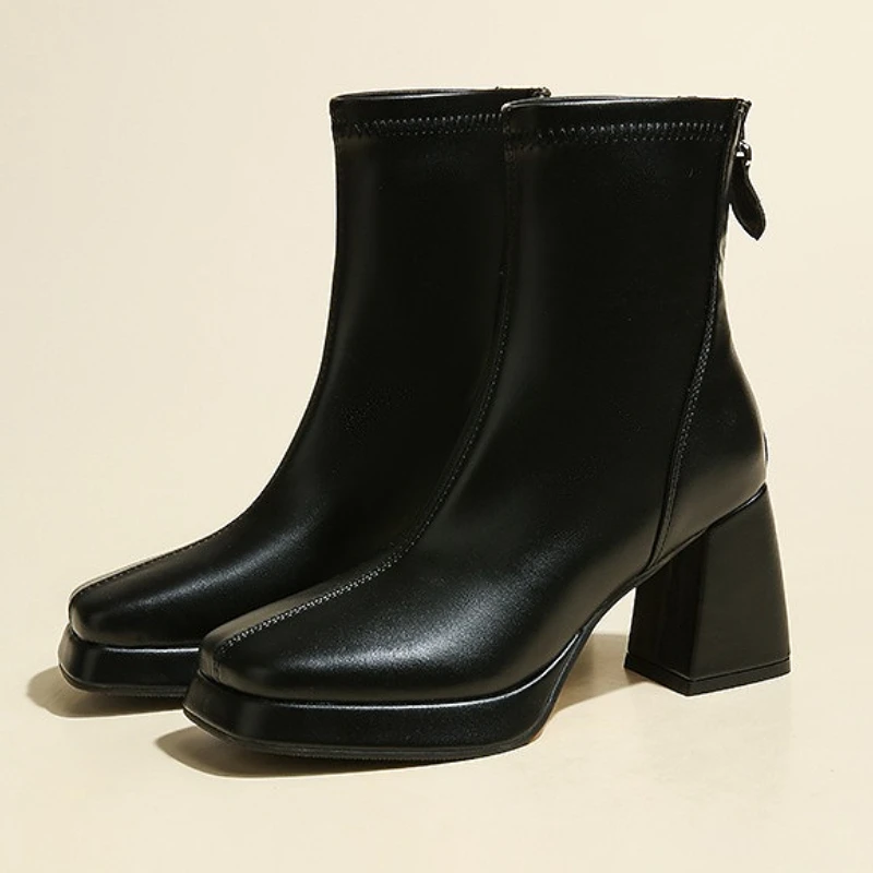 Fashion Brand High Heels Ankle Boots Women Square Toe Elegant Short Boots Autumn Winter Platform Chelsea Boots Botines De Mujer