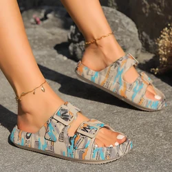 Zapatillas suaves con estampado de vacaciones de verano para mujer, sandalias ajustables de doble hebilla, almohada, zapatillas de plataforma para el hogar