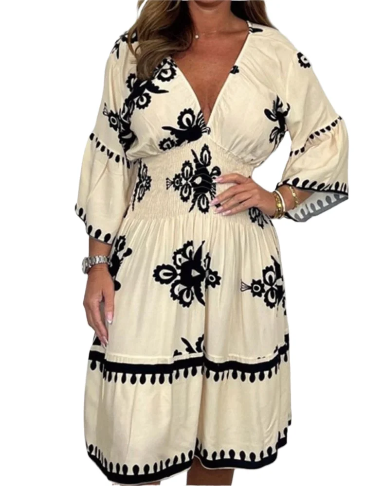 Fashion Boho Print Dress Lady Casual Sexy V Neck High Waist Loose Dresses For Women Holiday Beach Party Skirts Womens Clothing