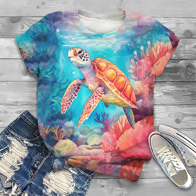 السلاحف البحرية ثلاثية الأبعاد طباعة تي شيرت المرأة موضة الشارع الشهير عادية س الرقبة قصيرة الأكمام تي شيرت Y2k قمة Harajuku تيز الملابس النسائية