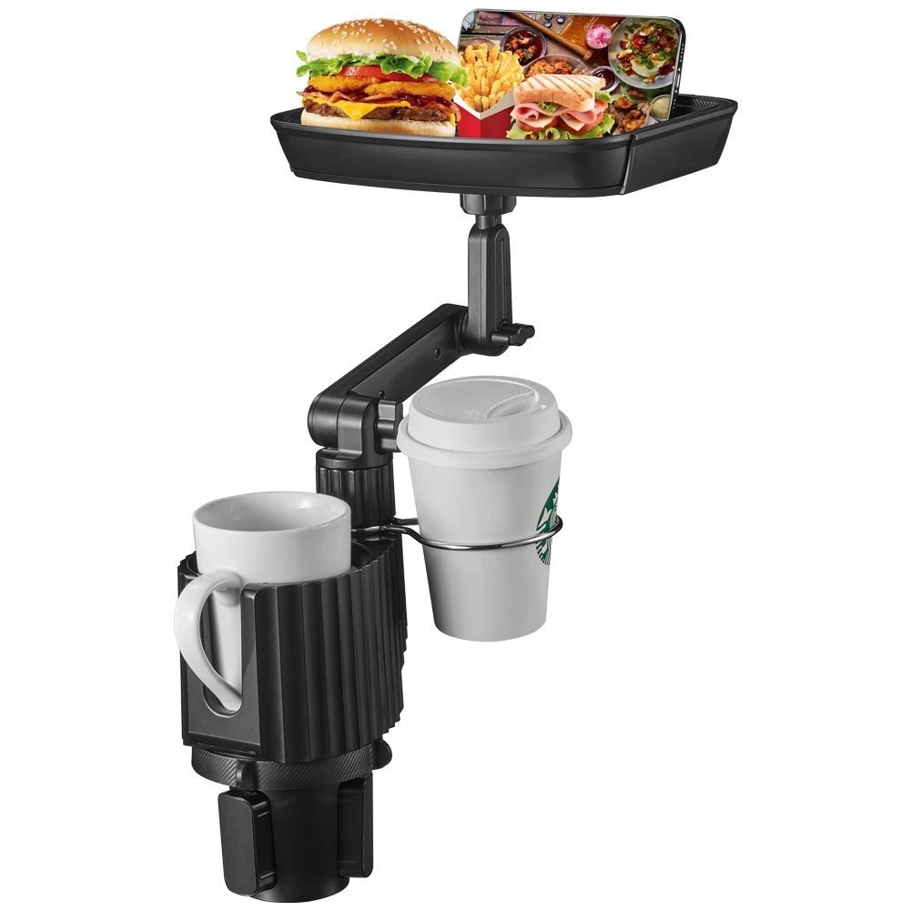 

2 in 1 Car Cup Holder Tray with Dual Bottle Mounts Phone Bracket Snacks Drink Burgers Food Table for Travel