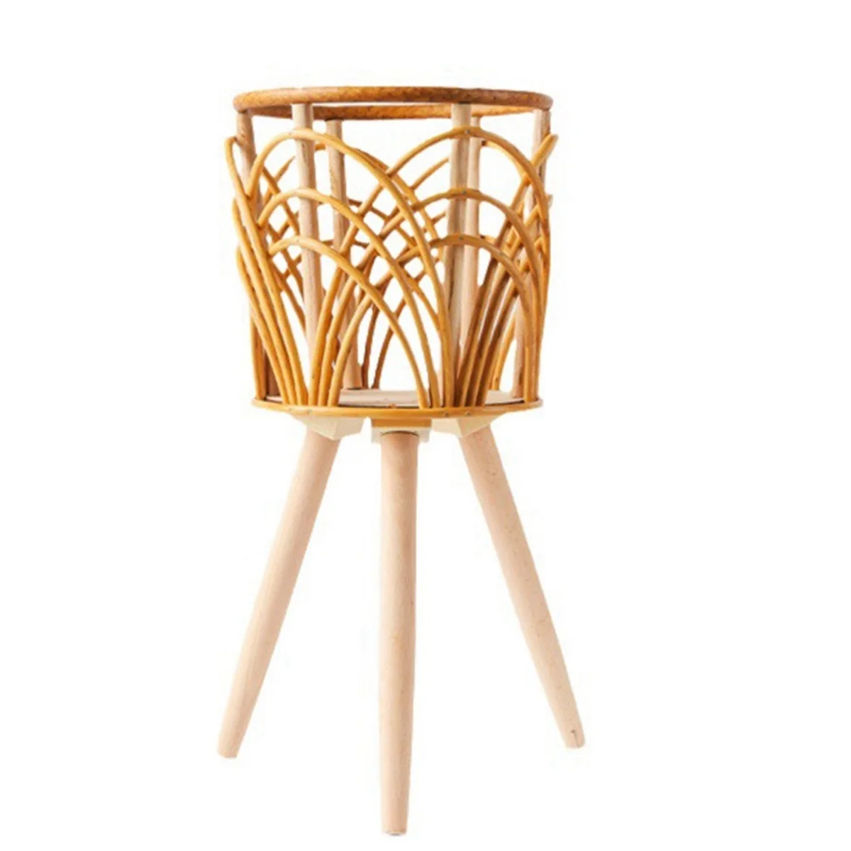 Rattan Indoor Plant Stand Straw Woven Flowers Pot Holder Stool with Legs Floor Planter Baskets Rack Wooden Plant Shelf B