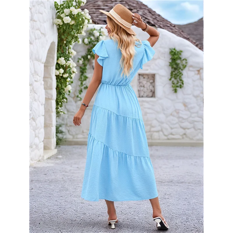 NEW-Women's 2025 Summer Casual Flutter Short Sleeve Crew Neck Smocked Elastic Waist Tiered Midi Dress