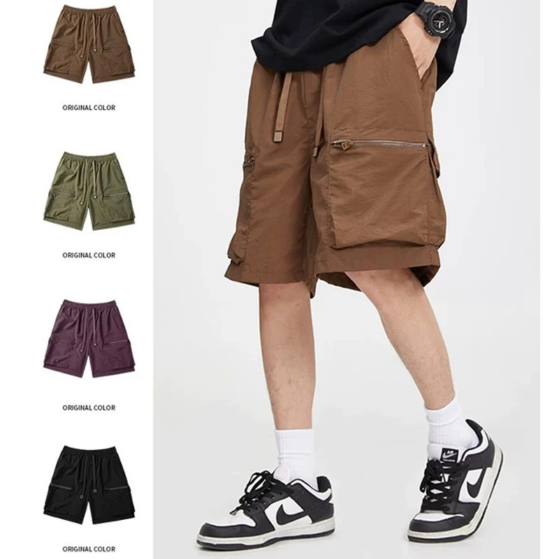 

Summer Men's Solid Color Drawstring Cargo Shorts Male Big Pockets Casual Relaxed Athletic Fitness Training Multi-Pocket Bottoms