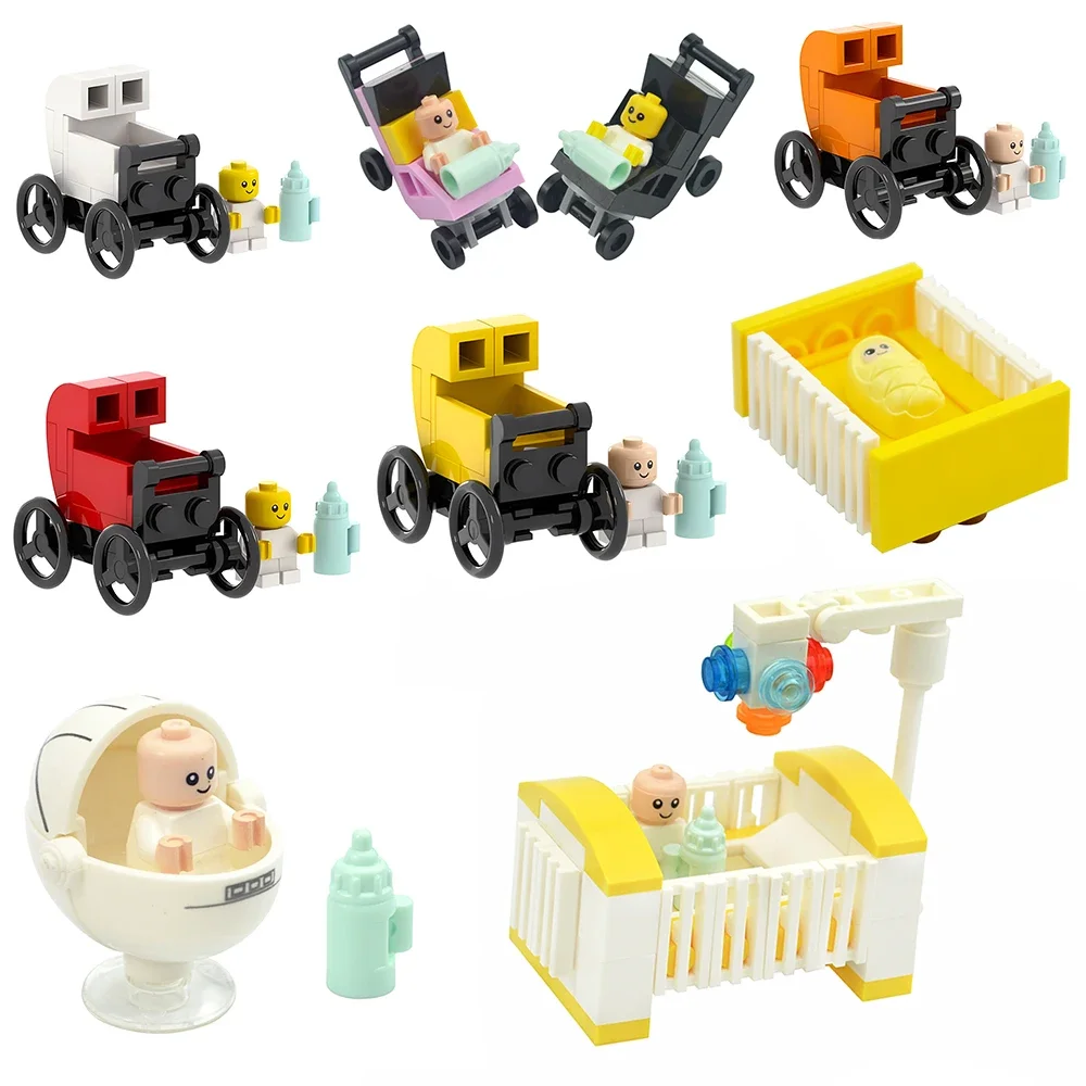 Building Blocks Figures Home Furniture Baby Carriage Bed MOC City Baby Stroller Bottle Horse Highchair Bricks Assemble Kid Toys