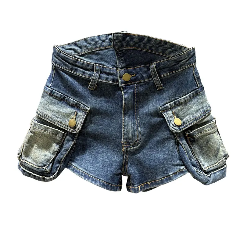 فريد ريترو كبير جيب البضائع الدنيم السراويل للنساء، الخريف جديد عالية الخصر فتاة الساخنة أزياء ألف خط واسعة الساق السراويل الساخنة