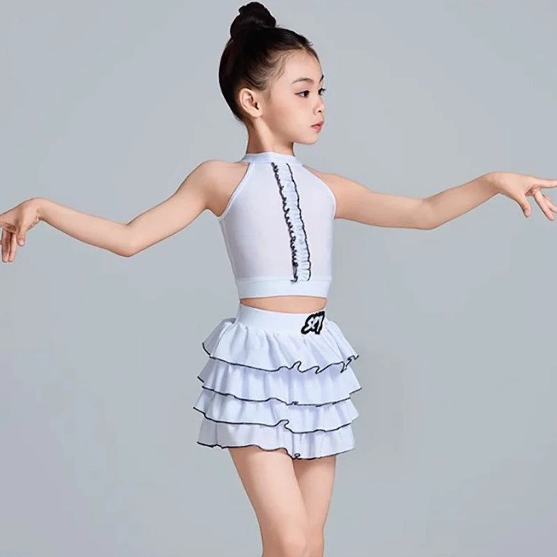 

Kids Girls Latin Dance Vest Top and Cake Skirt Sets Ballroom Rumba Chacha Dancewear Training Stage Performance Costume