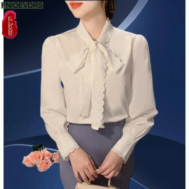 Hot New Year Shirt 2024 Women Spring Elegant Office Lady Casual Button Shirts Retro Vintage White Lace Bow Tie Tops Blouses