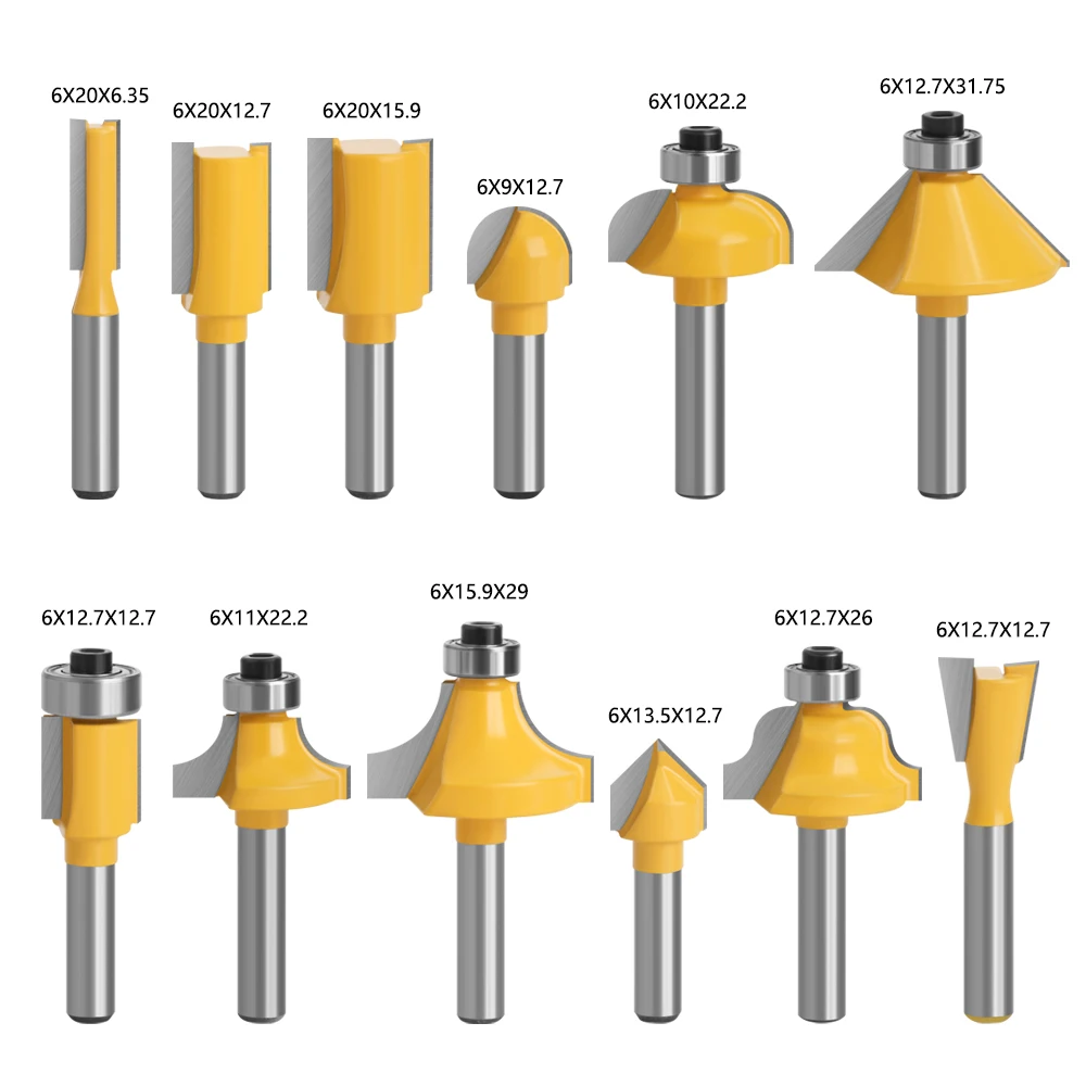 12pcs 6mm Shank Router Bit Set Trimming Straight Corner Beading Bits For Wood Milling Cutter Carbide Cutting Woodwork Tool 06011